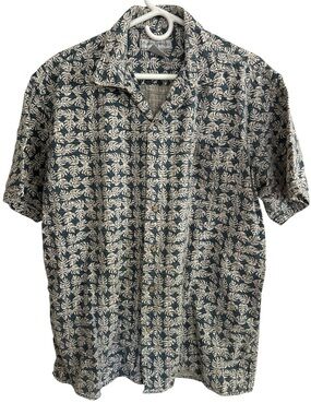 Vintage Men's Mungsingwear Navy Leaf-Print Short-Sleeve Button-Down Shirt Size L
